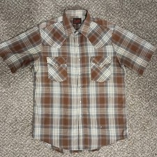 Plains Western Wear Shirt Men's Medium Brown Plaid Pearl Snap