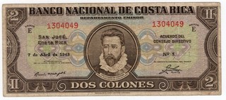 COSTA RICA P 201a 2 Colones 5 Febrero 1941 Sign. Presidente and Gerente Low 100K