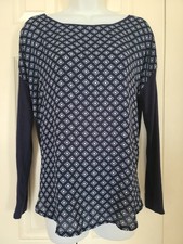 Ann Taylor LOFT Navy Blue Print Front Long Sleeve Shirt M EUC