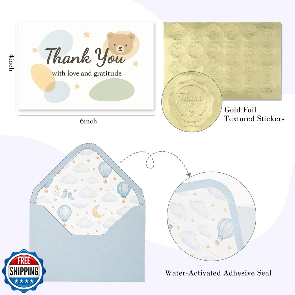 Tarjetas de agradecimiento C2U Baby Shower para niño - Paquete de 24 con sobres y Sti dorado Foto 3 de 4