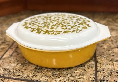Pre Owned Vintage Rare Pyrex Mustard Oval Casserole Dish W/ Olive Leaf Lid #045