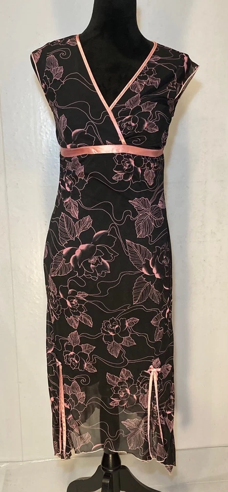 Vtg Ruby Rox Fairy Babydoll Maxi Dress Size S Black Pink Floral Y2K Asymmetrical - Image 3 of 4