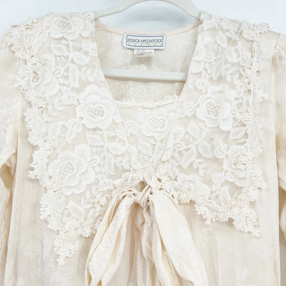 Vestido de novia Jessica McClintock vintage eduardiano años 80 seda encaje modesto talla 6 Foto 2 de 4