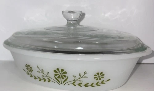 Vintage Glasbake 1 QT Oval Baking Dish Green Daisy No Chips Cracks Collectible