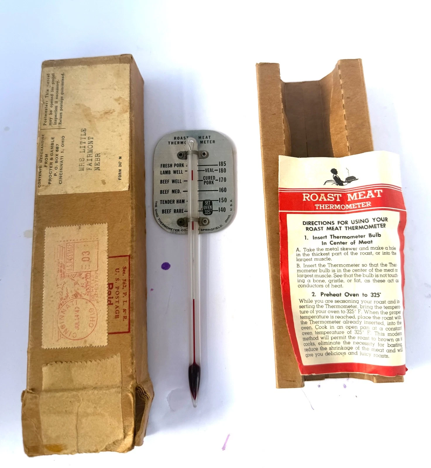 Vintage Ohio meat thermometer W/ original box and stamp