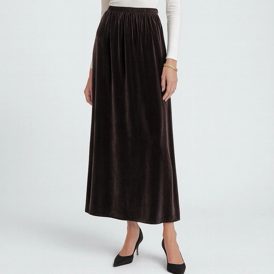 Maxi Falda Eileen Fisher Terciopelo M Marrón Oscuro Mezcla Seda Gótica Línea A Pull On Foto 2 de 4