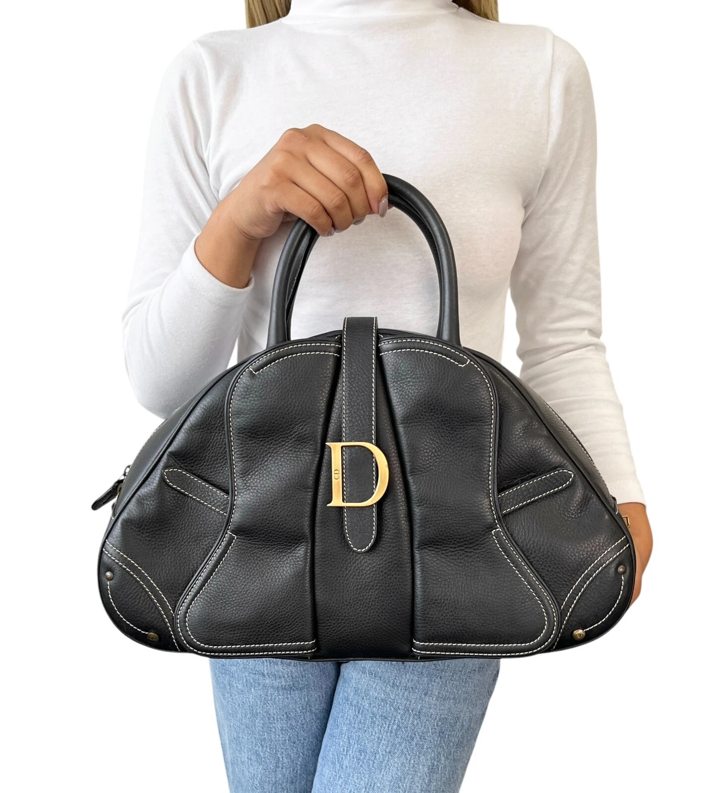 Sacoche de selle double zippée Christian Dior vintage 2001 logo CD cuir noir doré