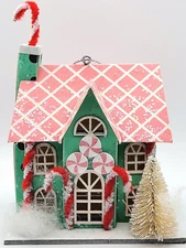 Pastel Pink Green Paper House Gingerbread Candy Cane Christmas Ornament NEW 4"