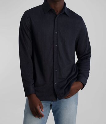 Karl Lagerfeld Paris Men's Blue Slim-Fit Brushed Striped Button Shirt Size XL