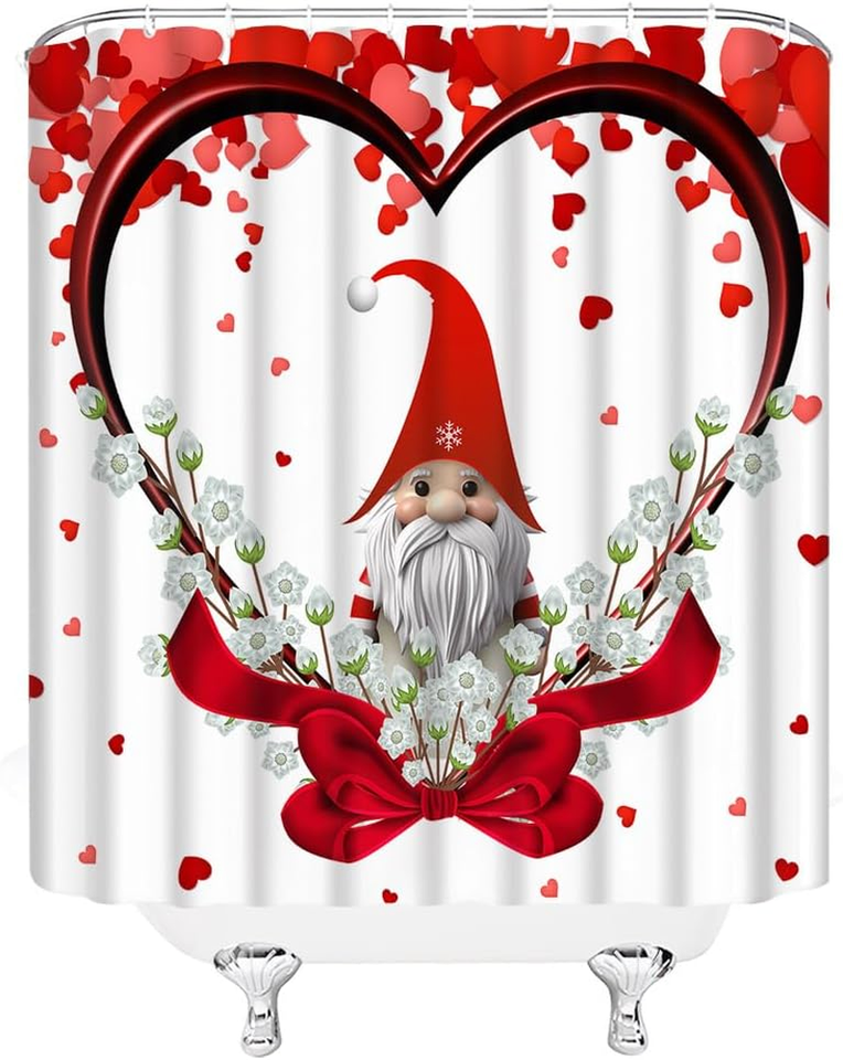 Valentine'S Day Gnome Shower Curtain Red Heart Cute Gnome Romantic Love
