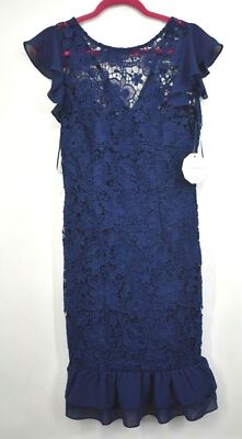 Paper Dolls Womens Navy Blue Crewneck Crochet Lace Ruffle Hem Sheath Dress  6 | eBay