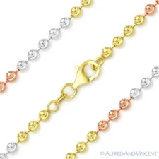 3mm Moon-Cut Ball Bead Link Tri-Tone .925 Sterling Silver Italian Chain Bracelet