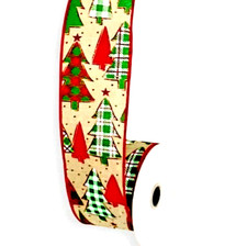 Plaid Christmas Trees 2.5" by 2 yd Wired Ribbon Glitter Red Green Stars Canvas