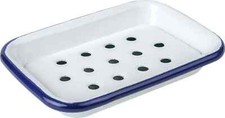 Enamel Soap Dish & Tray Bathroom Kitchen Falcon Traditional White Blue Rim New