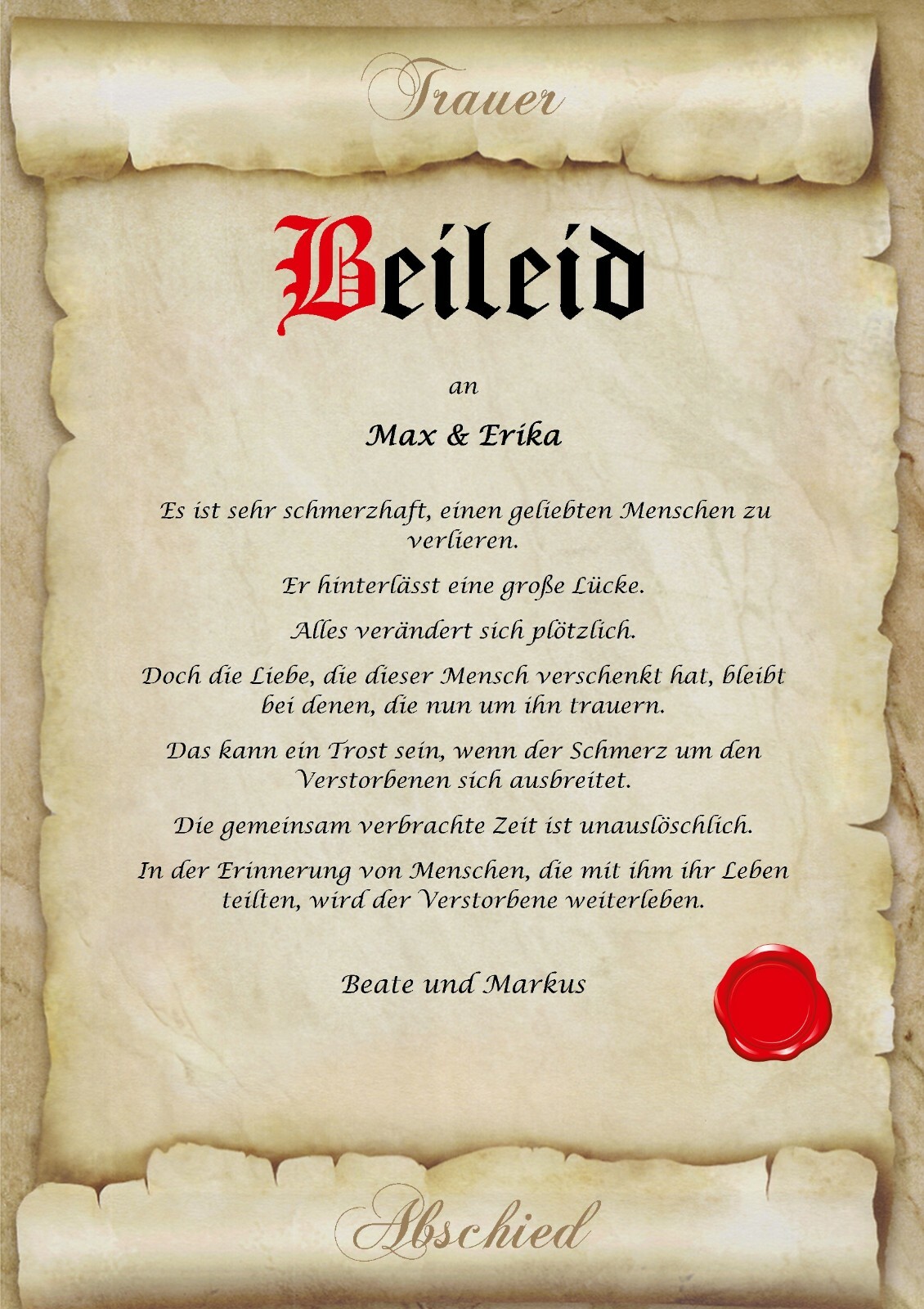 Urkunde personalisiert Geschenk Karte Beerdigung Beileid Abschied Trauerfeier A4