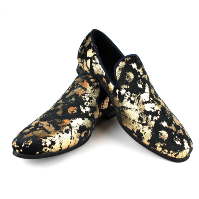 Men's Slip On Black Velvet Gold Leopard Print Dress Shoes Loafers LS21 AZARMAN