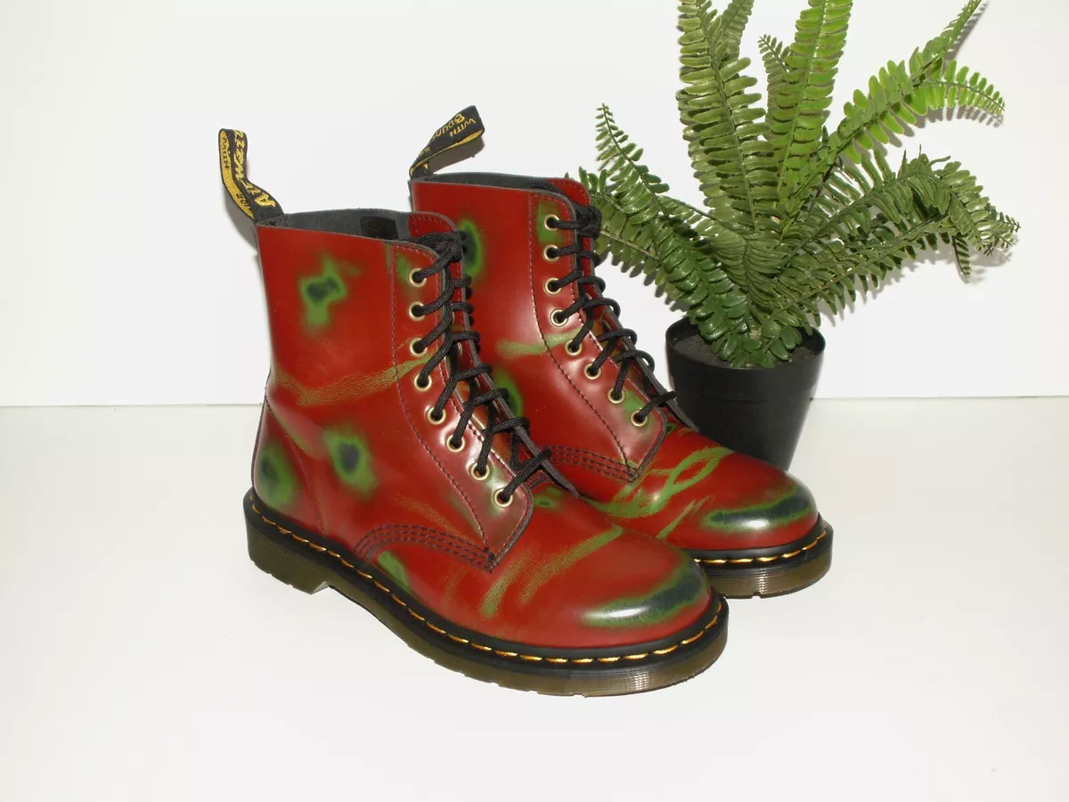 Dr. Martens 1460 PASCAL RUB OFF red green leather boots 8 eyelet UK 6.5 EU 40