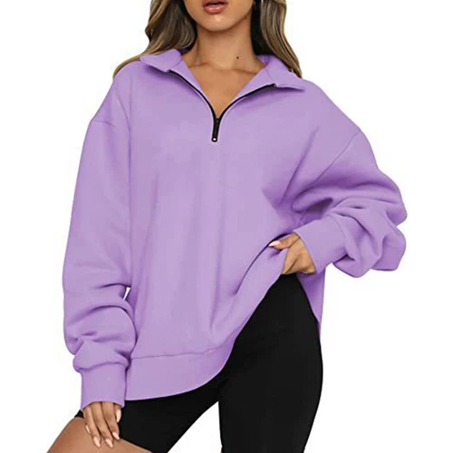 Womens Oversized Half Zip Pullover Long Sleeve Sweatshirt Hoodie Sweater Blouse - Picture 5 of 75