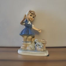 KPM Little Girl Surprised by Frog Blue/Tan/White Porcelain Figurine VIntage