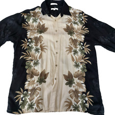 VTG Pierre Cardin Shirt Mens Large Black Cream Rayon Floral Hawaiian Polynesian