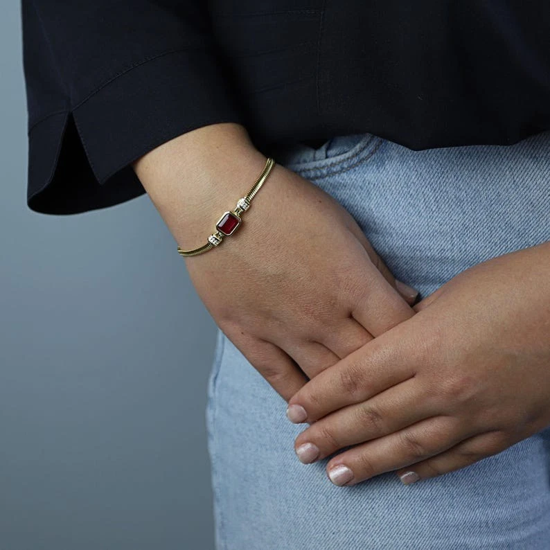 Silver Dainty Ruby Bracelet Baguette Herringbone Ruby Bracelet - Image 3 of 4