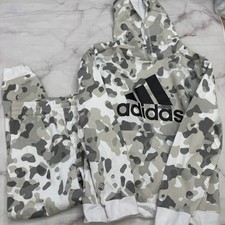 Adidas Boys Sweatsuit Hoodie Pants White Gray Camouflage Size XL 18/20 Fleece