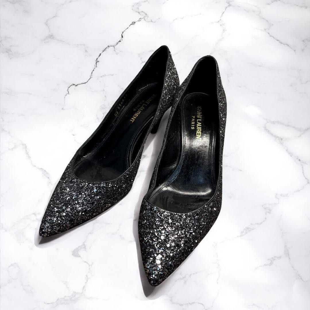 Saint Laurent decolte nere in pelle glitterata US 8 originali dal Giappone RA