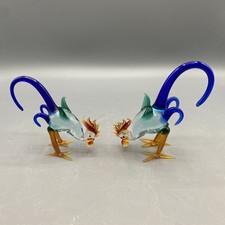 Vintage Pair Murano Style Art Hand Blown Glass Rooster Figurines 3.5   4.5  