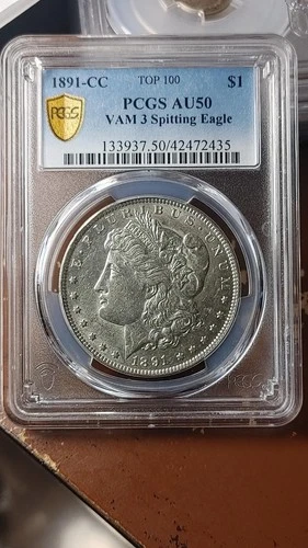 1891 CC Morgan Dollar VAM 3 Spitting Eagle On Label PCGS AU50 Top 100       5579
