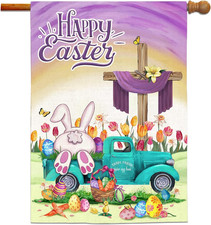 Easter Flag, Easter Flags 28 X 40 Double Sided, Happy Bunny Eggs Truck Yard for