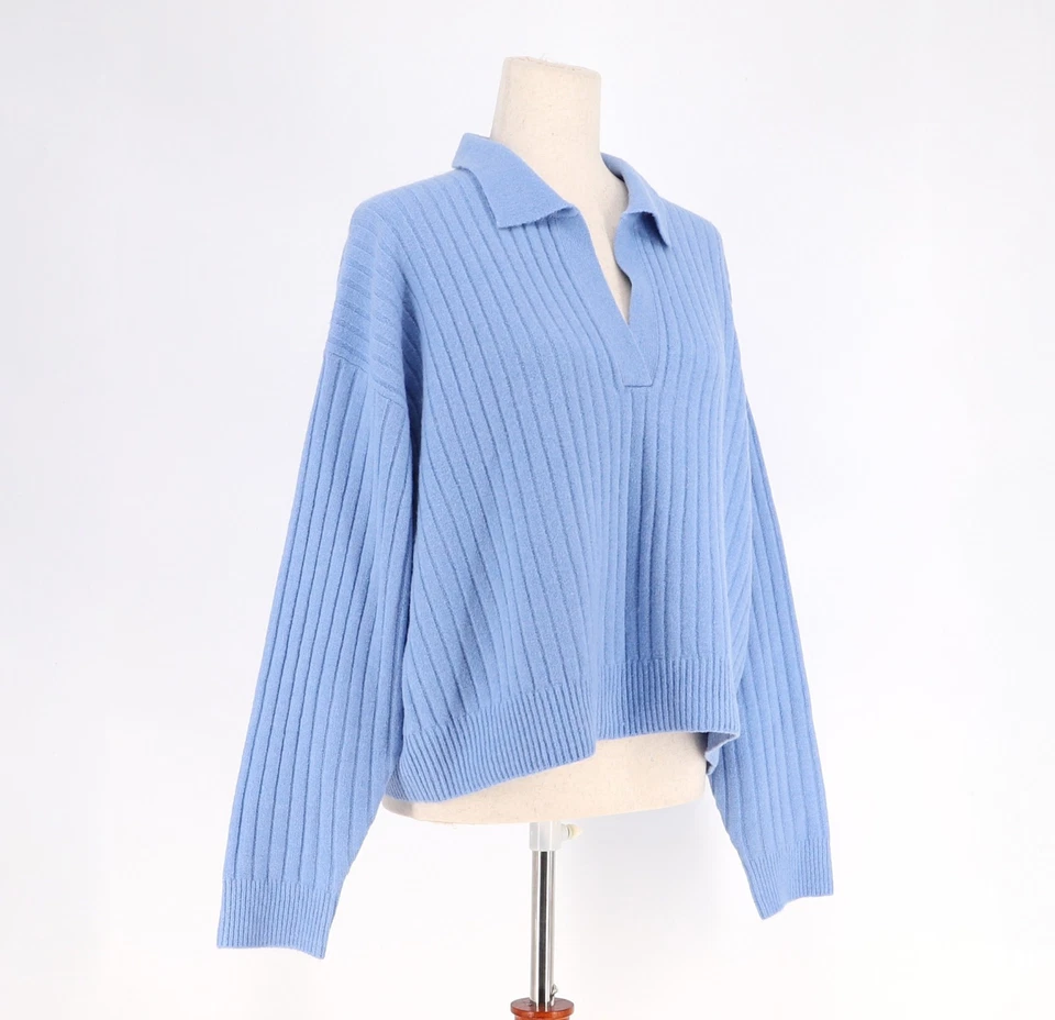 全新带标签 FRENCH CONNECTION Vhari 领长袖针织毛衣灰尘蓝色 M 码 — 第 3/4 张图片