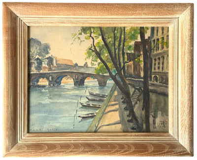 1945 Pont Marie Paris Watercolor Original Signed Vintage French Art Framed 11x14