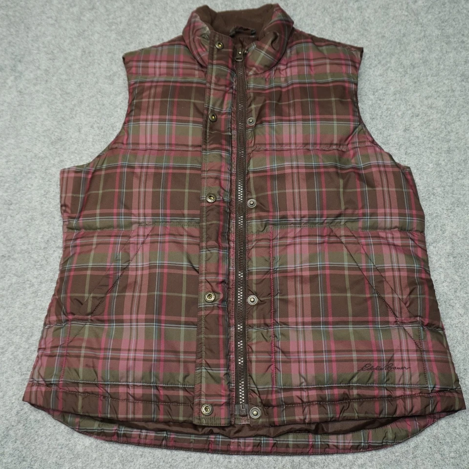 Eddie Bauer Vest Women's Medium Brown Plaid Goose Down Lined - Image 3 of 4