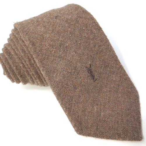 Vintage Yves Saint Laurent Wool Tie Brown Khaki Tan Embroidered YSL 1950s 3.1"