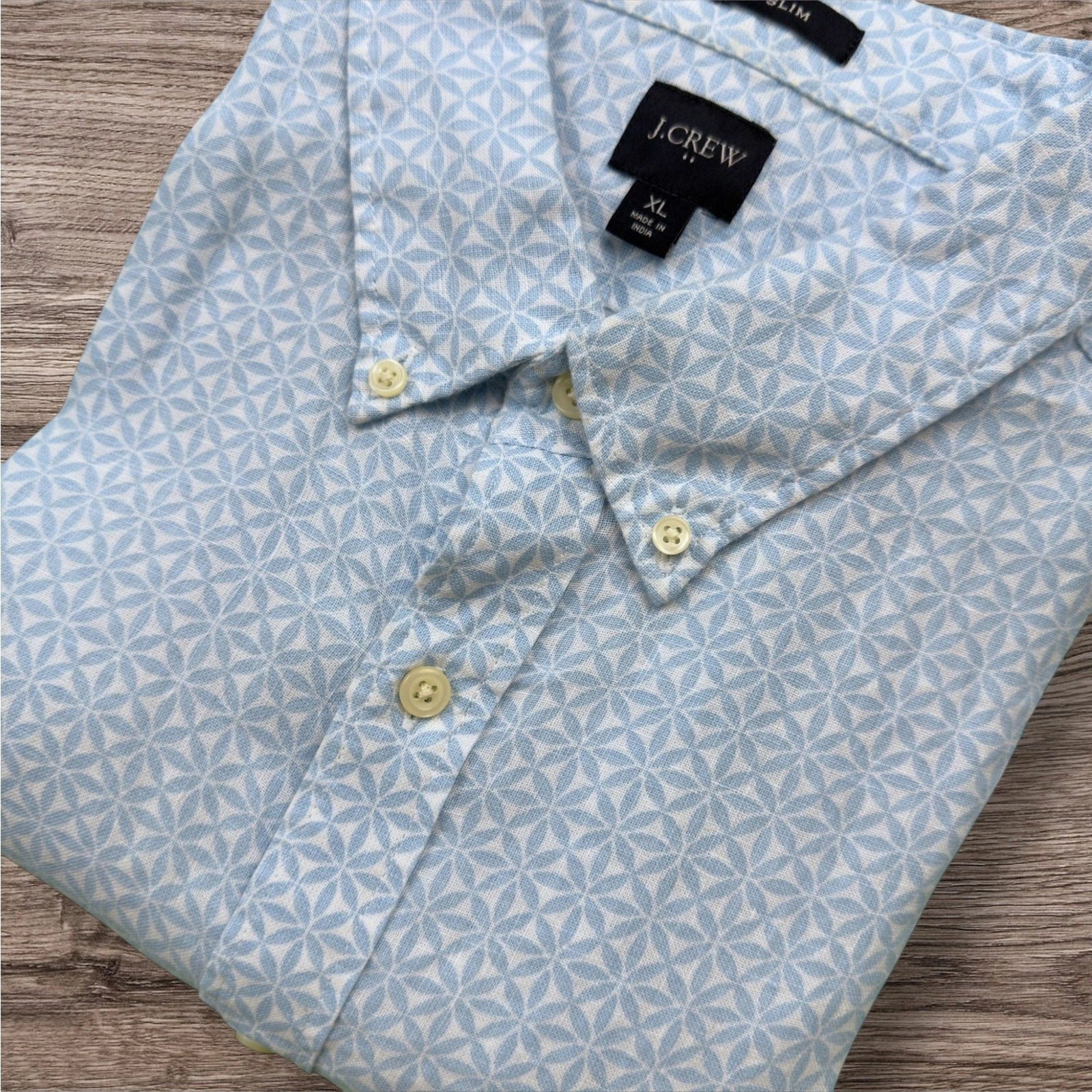 J. Crew Slim Fit Linen Blend Soft Blue Print Short Sleeve Button Down Shirt XL