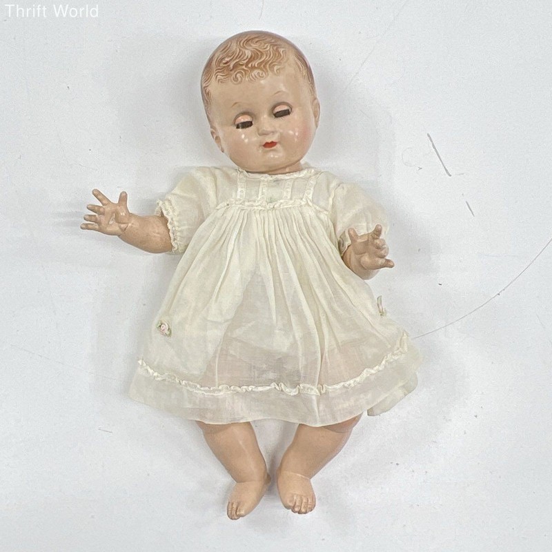 Vintage Ideal Doll 14 Inch Hard Plastic Baby Molded Hair Madame Alexander Dress