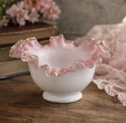 Fenton Rose-Pink Interior White Milk Glass Peach Crest Candy Dish Bowl