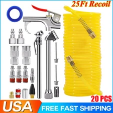 25ft 1/4" Recoil Air Hose Re Coil Spring Ends Pneumatic Compressor Accessory Kit