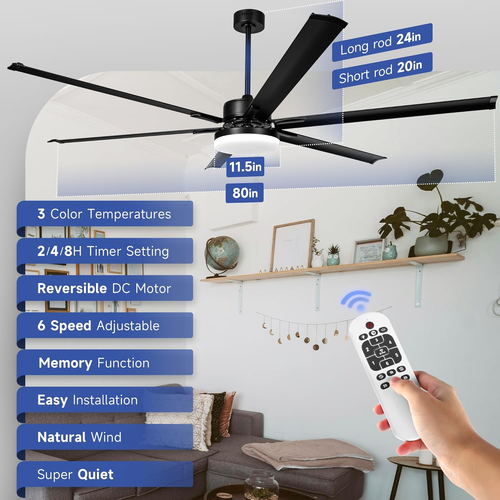 Extra Large Ceiling Fan with Light, 80 Inch Outdoor Ceiling Fan with Light and R - Picture 2 of 8