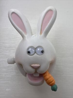 Vintage Googly Eyed Wind-up Easter Bunny Eating Carrot Lapel Pin 1987 Hallmark
