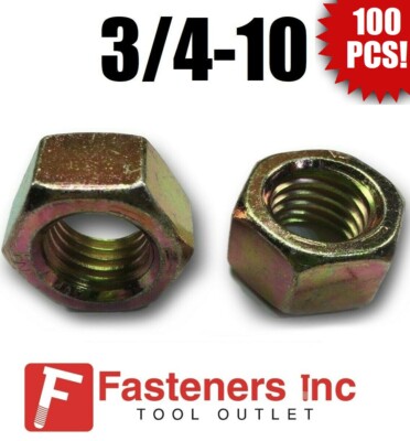 (Qty 100) 3/4-10 Grade 8 Finish Hex Nuts Yellow Zinc Plated Hardened