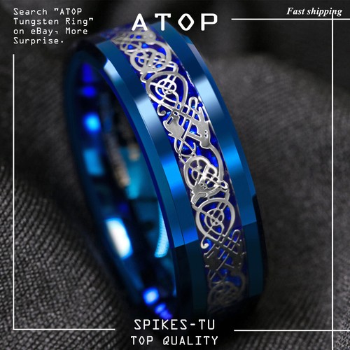 8mm Celtic Dragon Tungsten Carbide Ring - Men's/Women's Wedding Band, Blue Inlay, Size 6.5