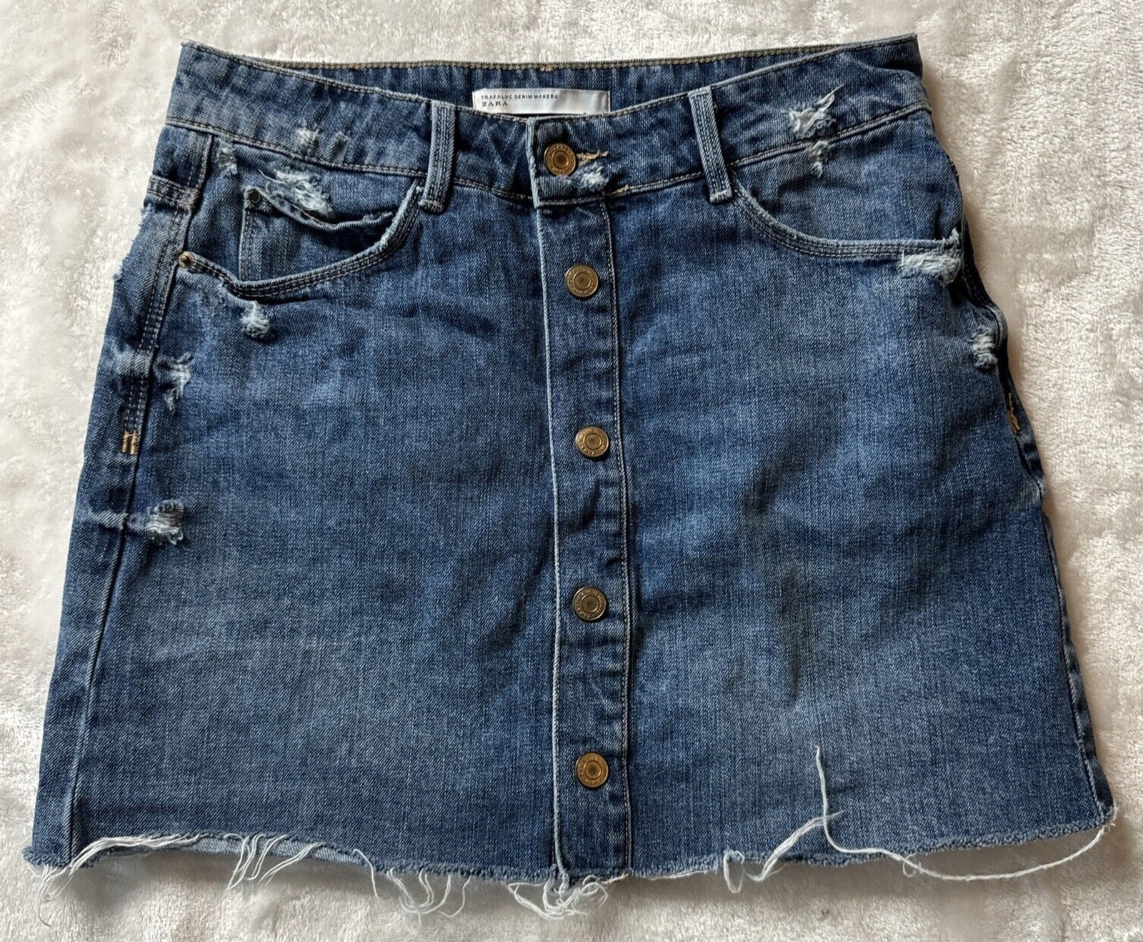 Zara Womens Blue Jean Denim Trafaluc Pockets Distressed Mini Skirt Size Small 26