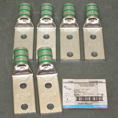 (6) T&B Two Hole Lug Compression Connector 54289, 600 kcmil, 1/2'' Stud, Green 94