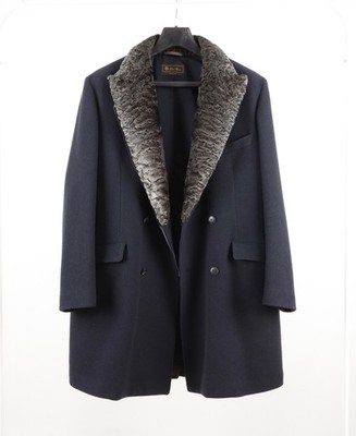 Men's Loro Piana Size IT54 Navy Blue Cashmere Coat with Fur Collar