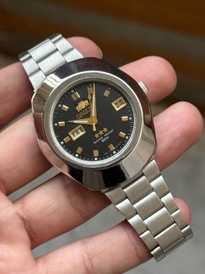 Vintage Orient 3 Star Day Date Black Dial Stainless Steel Men's Watch 