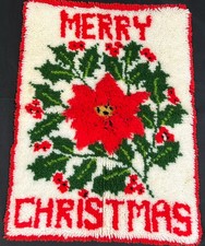 Vintage Merry Christmas Latch Hook Wall Hanging Poinsettia Handmade Holly