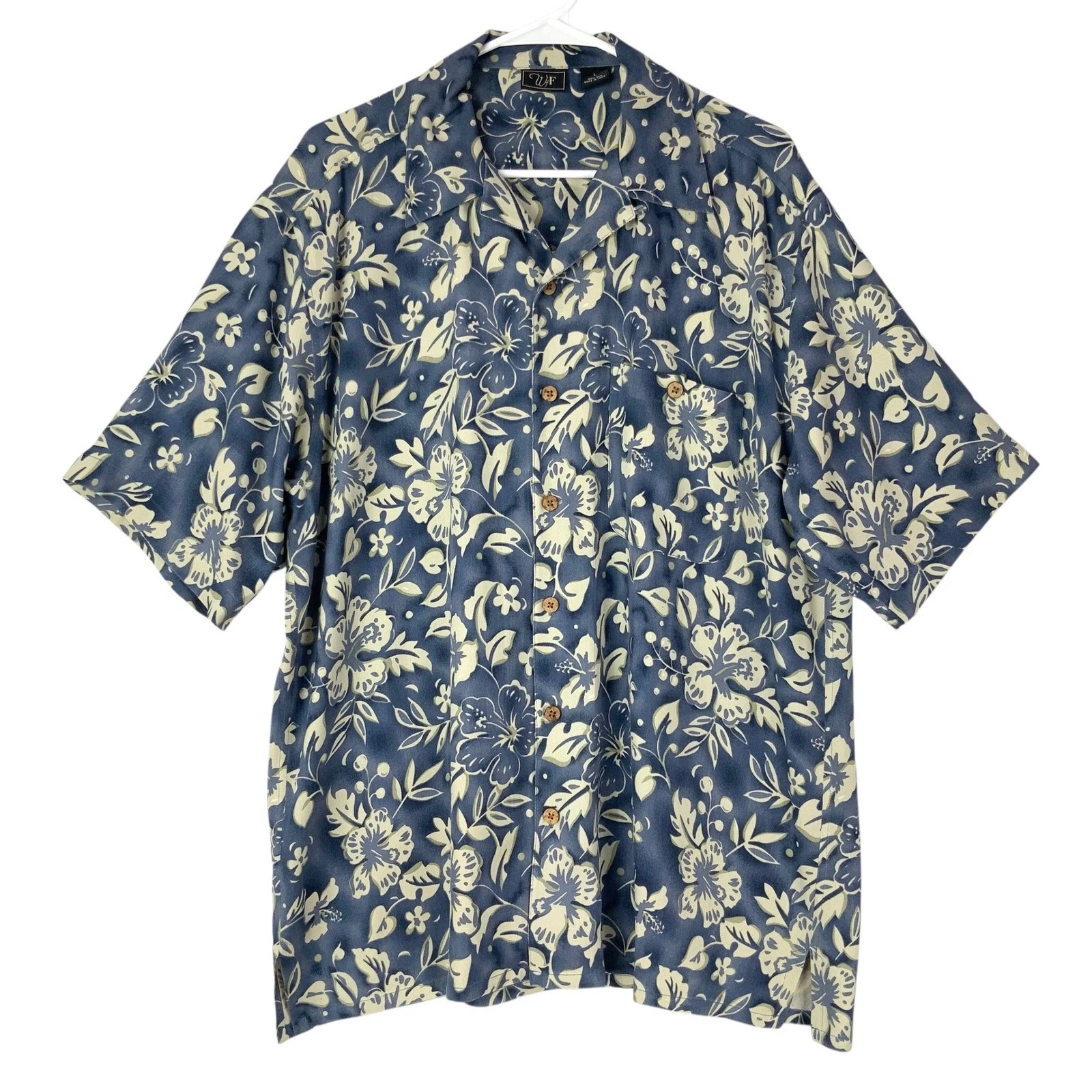 WF Blue Floral Silk Button Up Hawaiian Shirt L Collared Short Sleeve Tropical