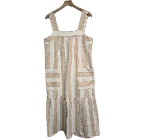 Maeve Anthropologie Size L Tonal Striped Midi Dress Pockets Sleeveless Neutral