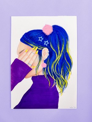 Original Drawing Copic Mixed Media Neon Hair Fashion Illustration A5 OOAK